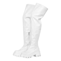 Round Toe Low Chunky Heels Over The Knee Stretch Side Zipper Boots - White Faux Leather