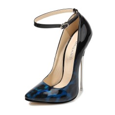 Pointed Toe Stiletto Heels Ankle Buckle Straps Leopard Pumps - Blue