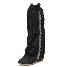 Round Toe Cuffed Fashion Western Style Side Fringe Wood Grain Chunky Heels Slip On Knee Highs Boots - Black Denim