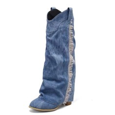 Round Toe Cuffed Fashion Western Style Side Fringe Wood Grain Chunky Heels Slip On Knee Highs Boots - Blue Denim