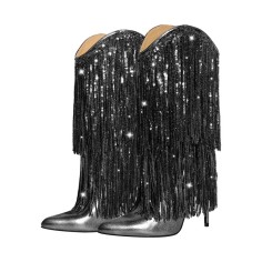 Pointed Toe Stilettos Sequin Fringe Sexy Knee Highs Boots - Black