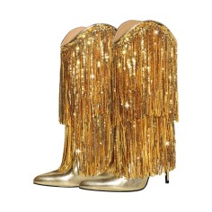 Pointed Toe Stilettos Sequin Fringe Sexy Knee Highs  Boots - Gold