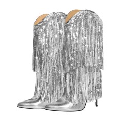 Pointed Toe Stilettos Sequin Fringe Sexy Knee Highs Boots - Silver