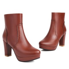 Round Toe Cuban Heels Platforms Side Zipper Ankle Highs Elegant Office Boots - Auburn