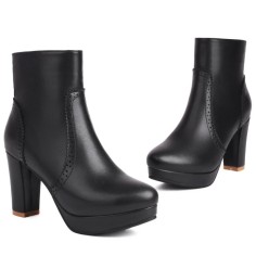 Round Toe Cuban Heels Platforms Side Zipper Ankle Highs Elegant Office Boots - Black