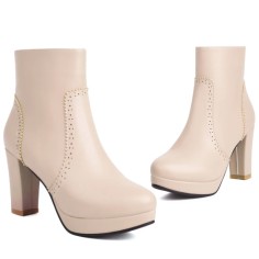 Round Toe Cuban Heels Platforms Side Zipper Ankle Highs Elegant Office Boots - Khaki
