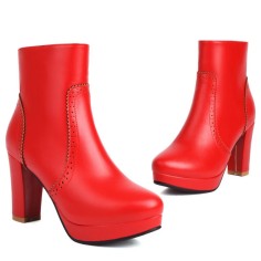 Round Toe Cuban Heels Platforms Side Zipper Ankle Highs Elegant Office Boots - Red