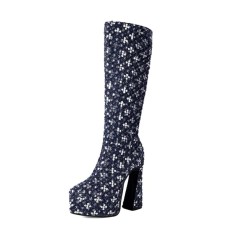Pointed Toe Gretel Sequin Knee Highs Chunky Heels Boots - DarkBlue Denim