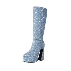 Pointed Toe Gretel Sequin Knee Highs Chunky Heels Boots - LightBlue Denim