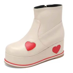 Round Toe Heart Patchwork Ankle Highs Platforms Wedges Boots - Beige Faux Leather
