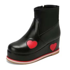 Round Toe Heart Patchwork Ankle Highs Platforms Wedges Boots - Black Faux Leather