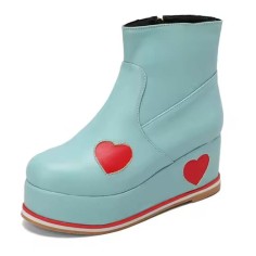 Round Toe Heart Patchwork Ankle Highs Platforms Wedges Boots - Blue Faux Leather