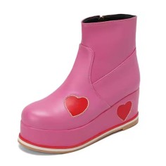 Round Toe Heart Patchwork Ankle Highs Platforms Wedges Boots - Pink Faux Leather