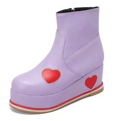 Round Toe Heart Patchwork Ankle Highs Platforms Wedges Boots - Purple Faux Leather