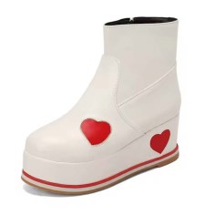 Round Toe Heart Patchwork Ankle Highs Platforms Wedges Boots - White Faux Leather