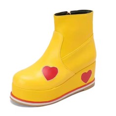 Round Toe Heart Patchwork Ankle Highs Platforms Wedges Boots - Yellow Faux Leather