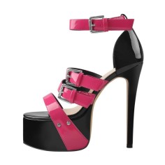 Peep Toe Stiletto Heels Platforms Trible Belt Buckle Straps Punk Sandals - Hot Pink