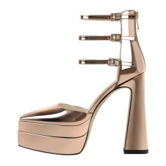 Pointed Toe Chunky Heels Platforms Ankle Wrap Heel Stripes Sandals - Gold