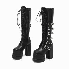 Round Toe Chunky Heels Ultra Platforms Cowboy Buckle Straps Punk Gothic Zipper Boots - Black Faux Leather