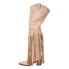 Pointed Toe Chunky Low Heels Fringe Over The Knees Rivets Western Cowboy Boots - Beige