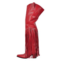 Pointed Toe Chunky Low Heels Fringe Over The Knees Rivets Western Cowboy Boots - Red