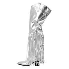 Pointed Toe Chunky Low Heels Fringe Over The Knees Rivets Western Cowboy Boots - Silver