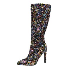 Pointed Toe Sequins Stiletto Heels Knee Highs Boots - Gradient