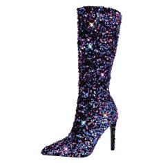 Pointed Toe Sequins Stiletto Heels Knee Highs Boots - Purple