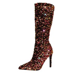 Pointed Toe Sequins Stiletto Heels Knee Highs Boots - Red