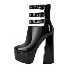 Round Toe Chunky Heels Platforms Ankle Wrap Heel Stripes Boots - Black