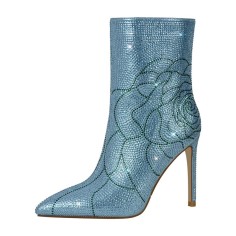 Pointed Toe Stiletto Heels Rhinestones Rose Decorated Side Zipper Ankle Highs Booties - Blue