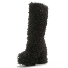 Round Toe Chunky Heels Platforms Knee Highs Fluffy Wool Booties - Black Faux Wool