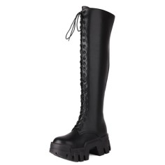 Round Toe Chunky Heels Lace Up Platforms Over The Knee Gothic Punk Boots - Black