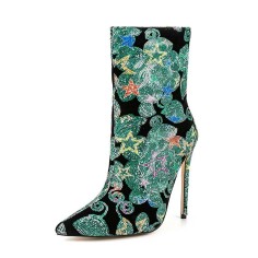 Pointed Toe Stiletto Heels Bling Sequin Side Zipper Ankle Highs Flower Boots - Green Sequined Cloth