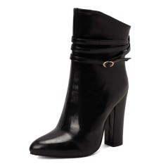 Pointed Toe Chunky Heels Trible Decorated Straps Ankle Highs Side Zipper Boots - Black Faux Leather