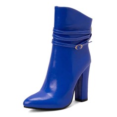 Pointed Toe Chunky Heels Trible Decorated Straps Ankle Highs Side Zipper Boots - Blue Faux Leather