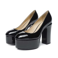 Round Toe High Platforms Chunky Heels Pumps - Black Patent