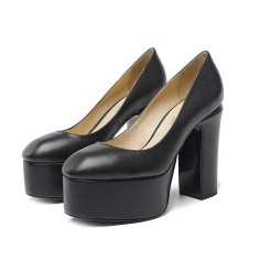 Round Toe High Platforms Chunky Heels Pumps - Black Leather