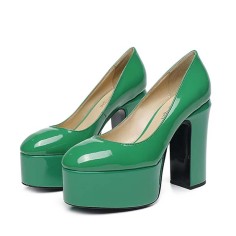 Round Toe High Platforms Chunky Heels Pumps - Green Patent