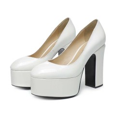 Round Toe High Platforms Chunky Heels Pumps - White Patent