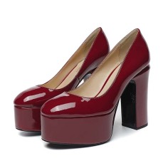 Round Toe High Platforms Chunky Heels Pumps - Wine Red Patent