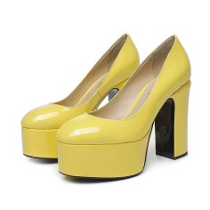 Round Toe High Platforms Chunky Heels Pumps - Yellow Patent