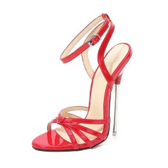 Peep Toe Stiletto Metal Heels Ankle Buckle Straps Sandals - Red Patent