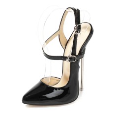 Pointed Toe Stiletto Metal Heels Ankle Buckle Straps Pumps - Black Patent