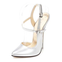 Pointed Toe Stiletto Metal Heels Ankle Buckle Straps Pumps - Silver Patent
