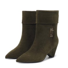 Pointed Toe Ankle Highs Pull On Low Heels Half Wedges Boots - Army Green Suede