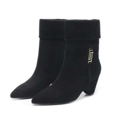 Pointed Toe Ankle Highs Pull On Low Heels Half Wedges Boots - Black Suede