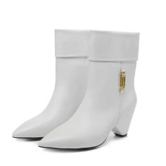 Pointed Toe Ankle Highs Pull On Low Heels Half Wedges Boots - White Leather