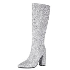 Pointed Toe Chunky Heels Fashionable Glitters Sequins Blings Knee Highs Boots - Silver