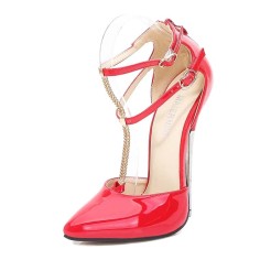 Pointed Toe Stiletto Metal Heels Ankle Metal T Double Straps Sandals  Pumps - Red Patent